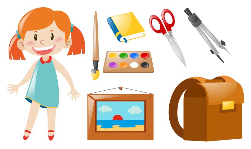 Girl and school objects vector