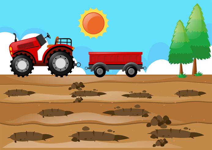 Farm scene with tractor in the field vector