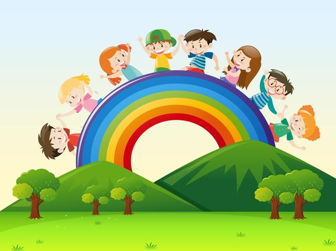 Niños sobre el arcoiris vector