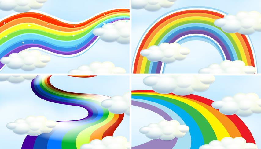 Cuatro escenas de fondo con diferentes patrones de arcoiris vector