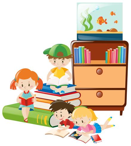 Niños leyendo libros en la habitación. vector