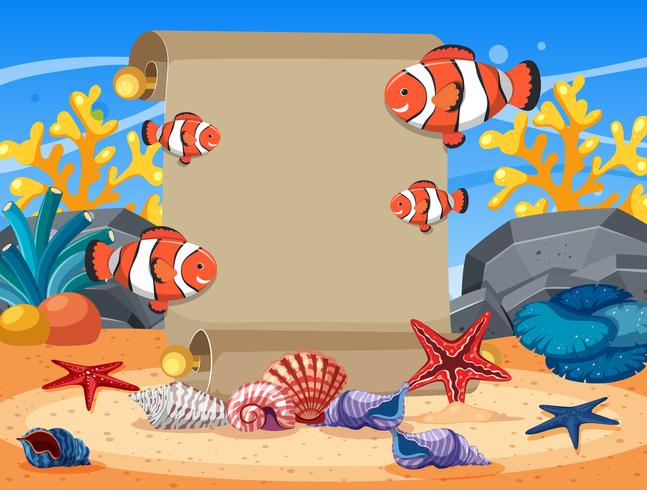 Border template with clownfish and starfish underwater vector