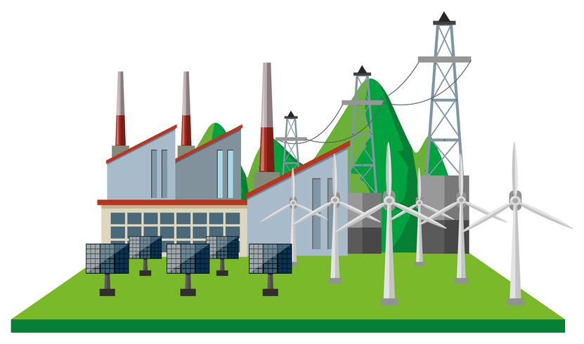 Plantas de energía y aerogeneradores en el campo. vector