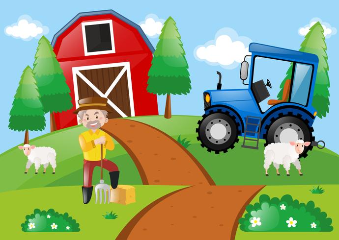 Farm scene with farmer in the field vector