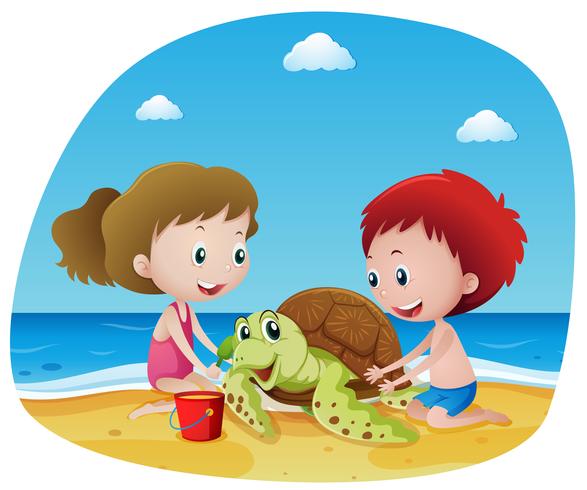 Niños y tortugas marinas en la playa. vector