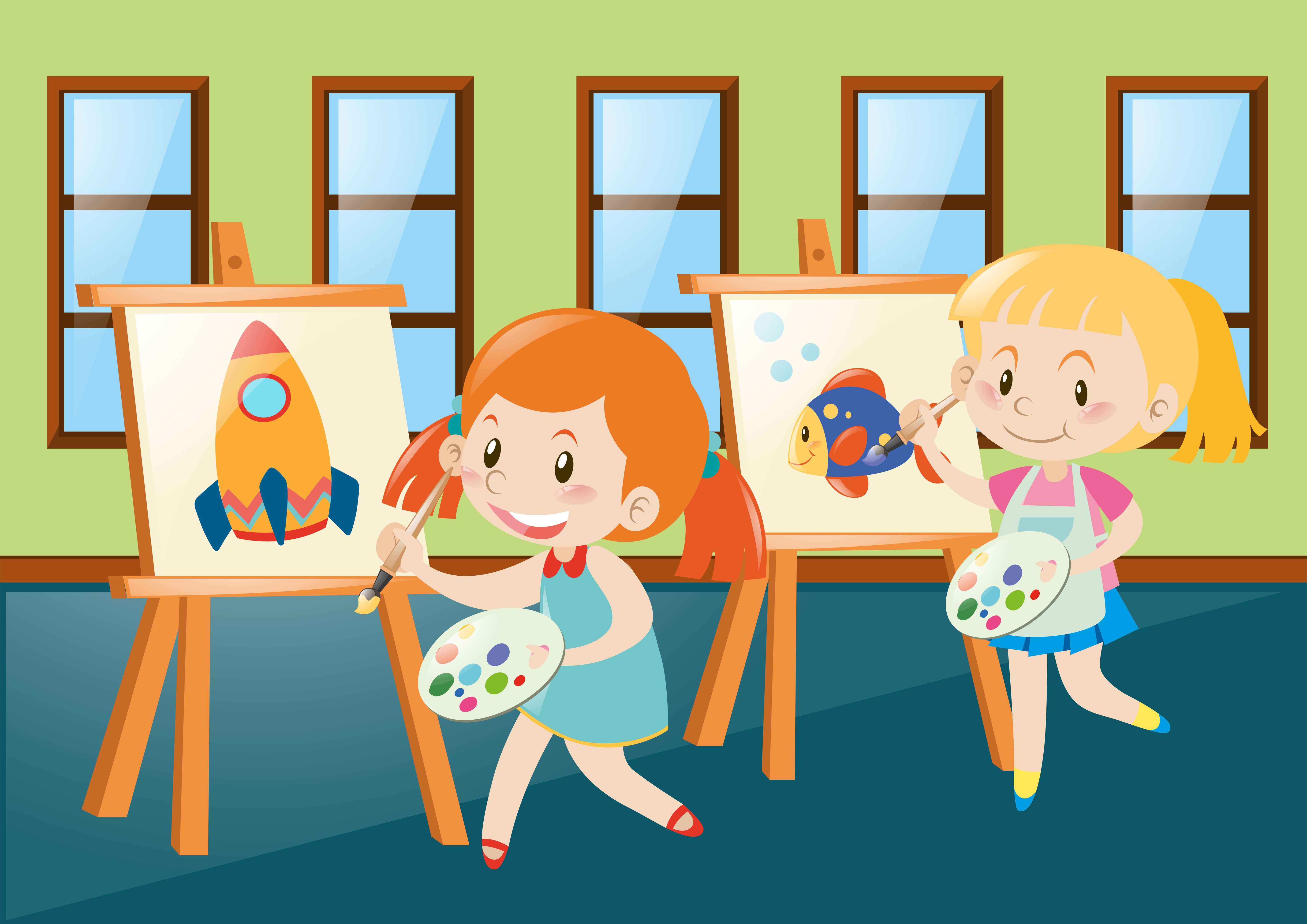 Two girls painting on canvas  in classroom Download Free 