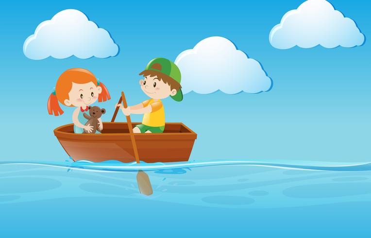 Kids rowing boat in the river vector