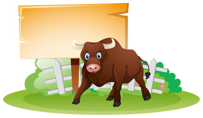 Wooden sign and brown bull vector