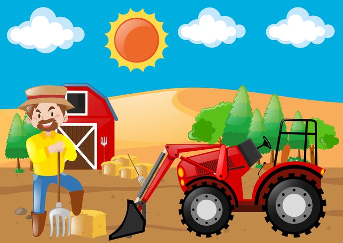 Escena de la granja con tractor y granjero. vector