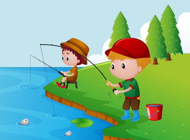 Dos niños pescando en el río. vector