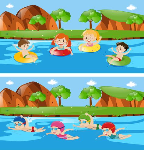 Two scenes with children in river vector