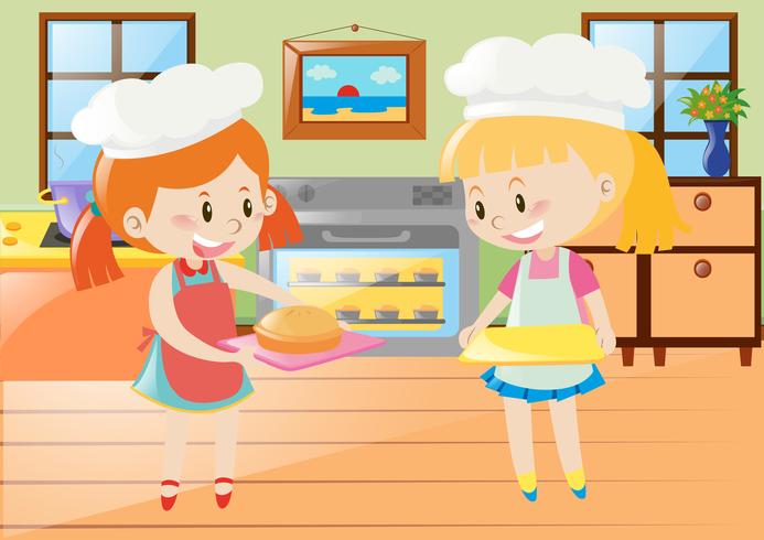 Two girls baking pie in kitchen vector