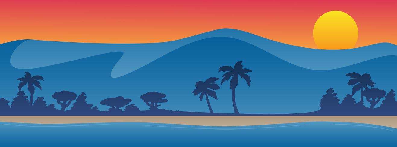 Montañas con ilustración de vector de fondo de playa litoral verano escena