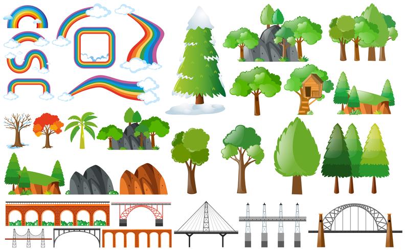 Rainbows, trees and design elements vector