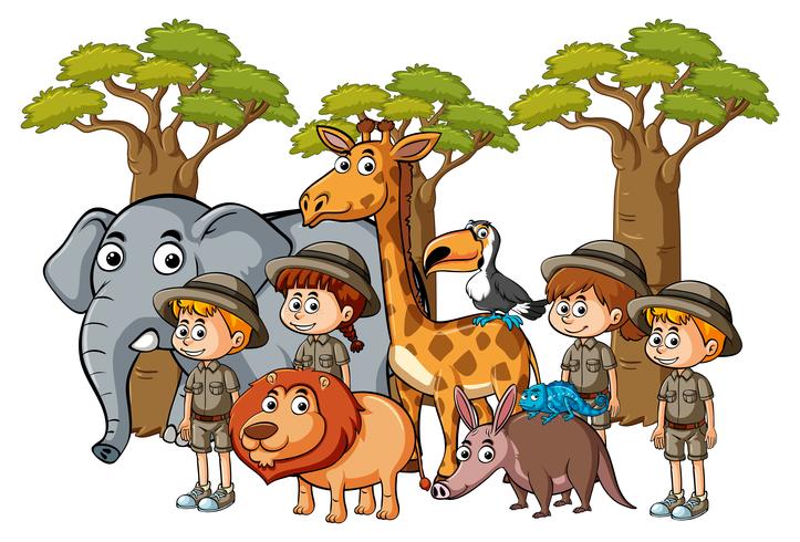 Many kids and animals in the zoo vector