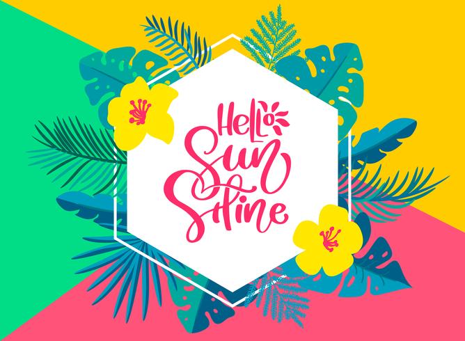 Text Hello summer in geometric tropical floral leaves frame vector