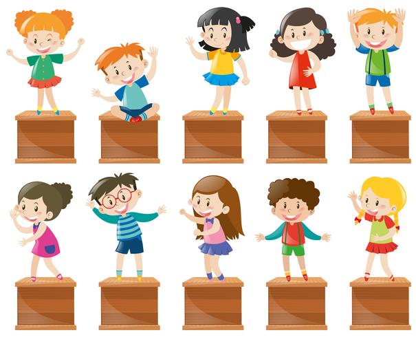 Many kids stand and sit on box vector