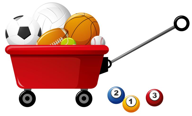 Different kinds of balls on red wagon vector