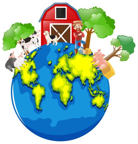 Farmer and animals on the earth vector