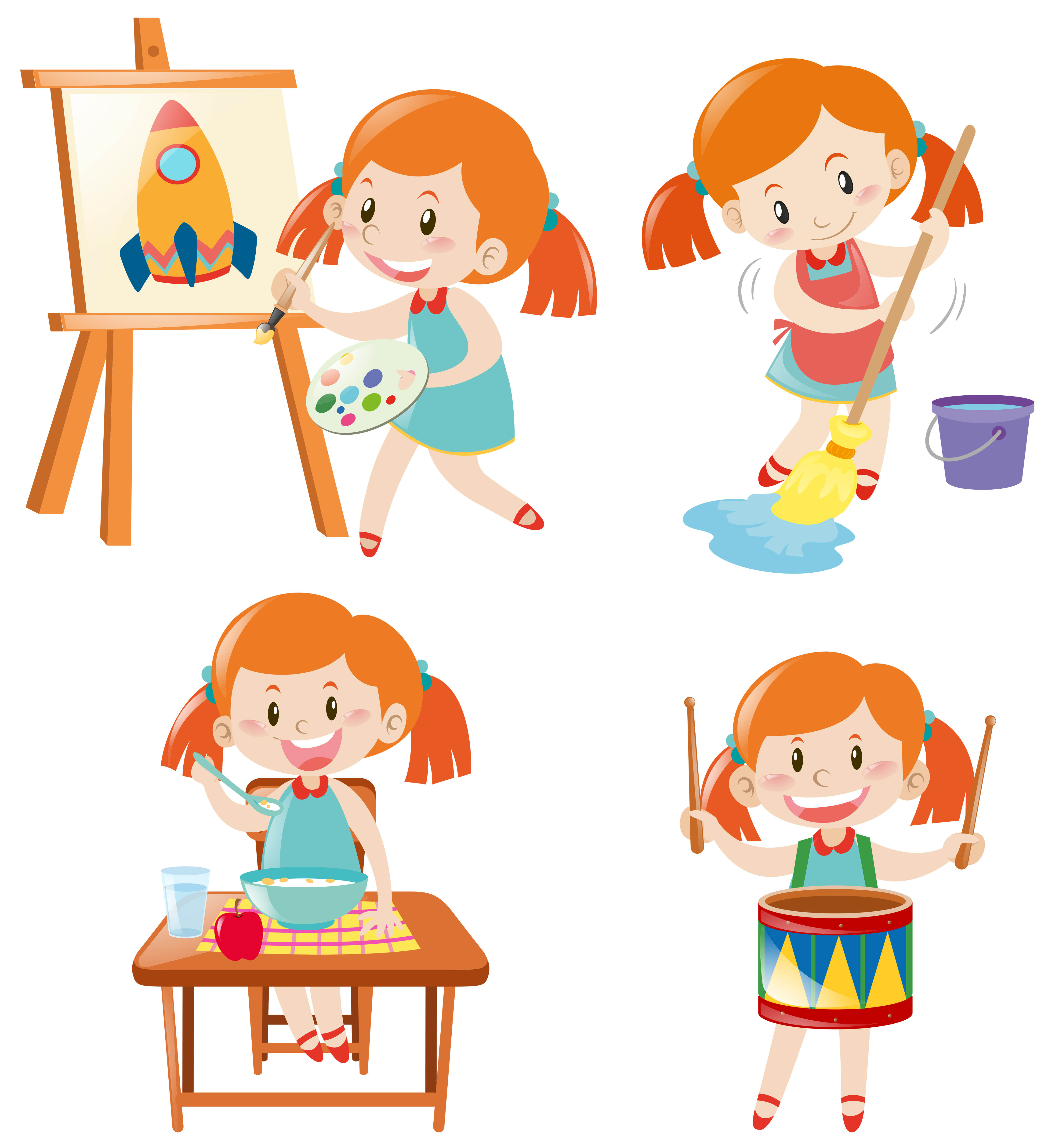 Girl In Blue Dress Doing Different Activities 369865 Vector Art At Vecteezy