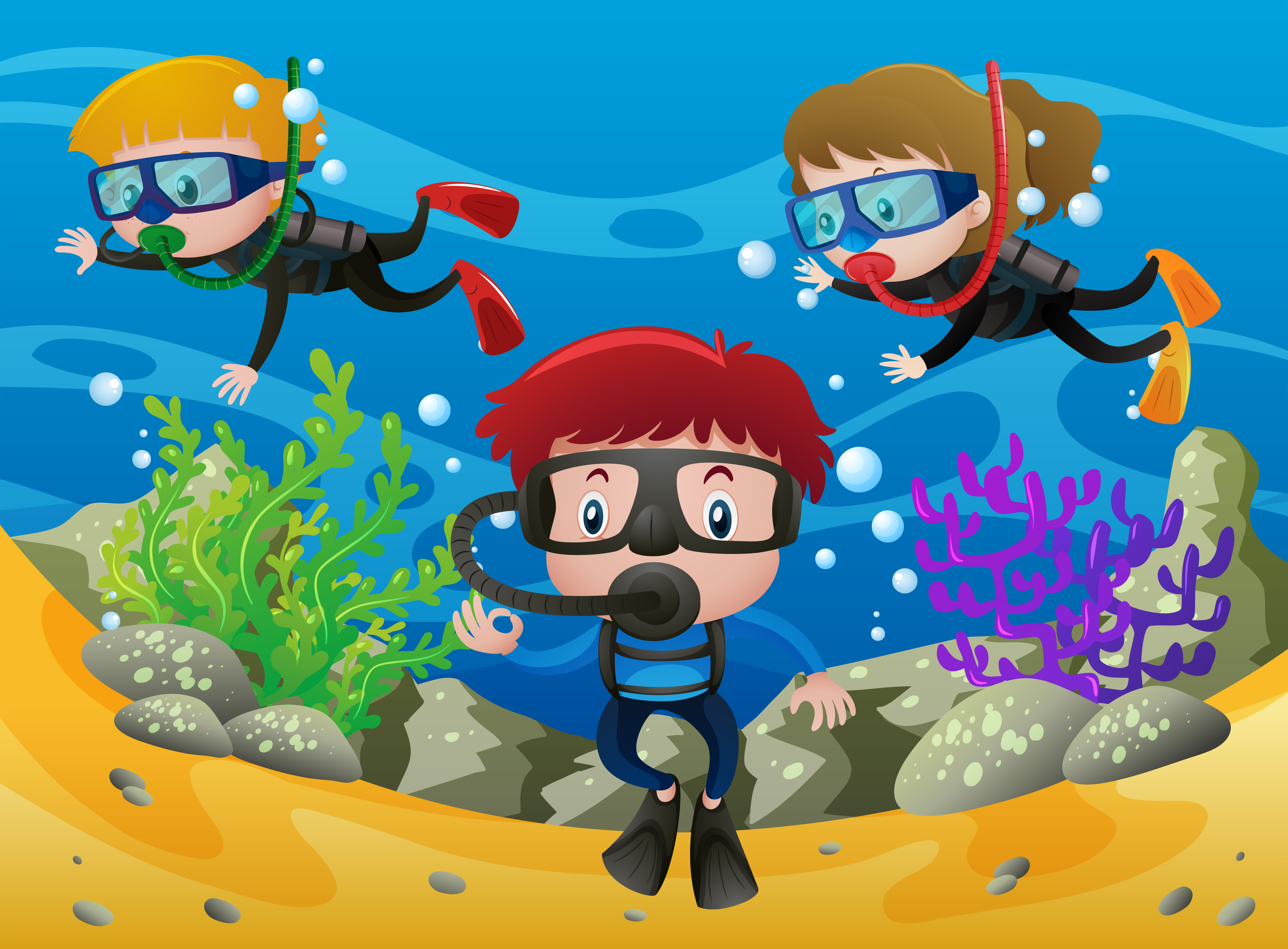 Three kids diving under the ocean 369867 Vector Art at Vecteezy