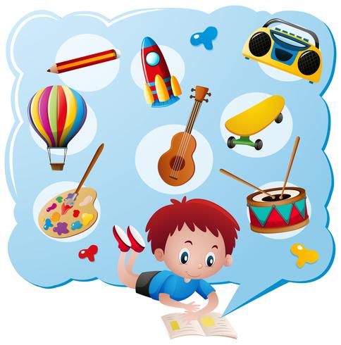 Boy and different toys and collections vector