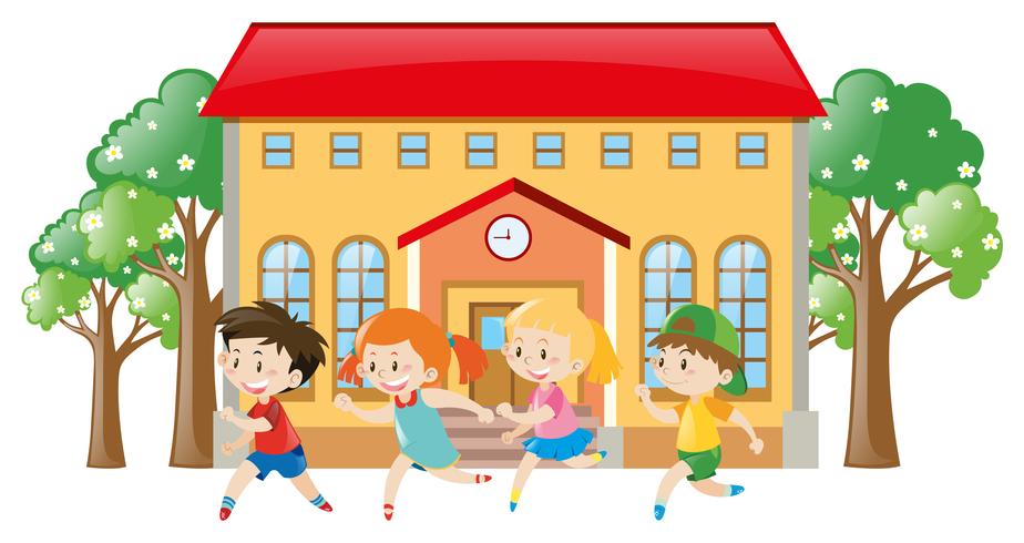 Children running in front of school vector