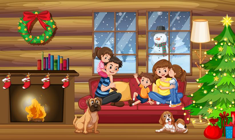 Una familia feliz en la casa en navidad vector