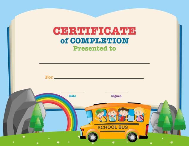 Certificate template with kids on school bus vector