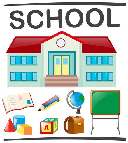 School set with school building and objects vector