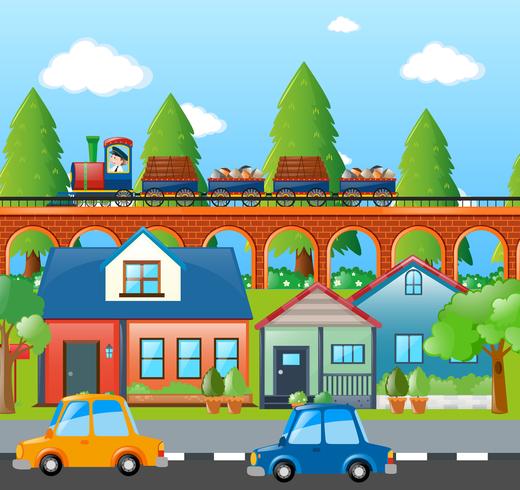 Escena de la ciudad con coches y tren. vector