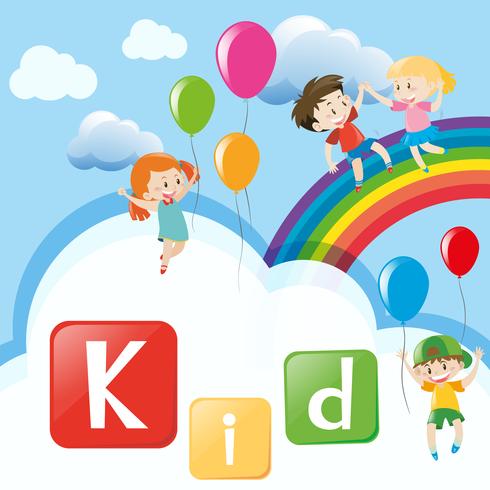 Wordcard with kids on rainbow vector