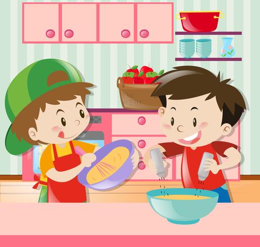 Two boys cooking in kitchen vector