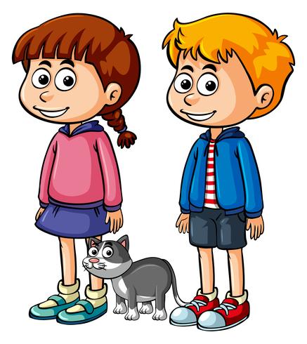 Dos niños felices con gato gris vector