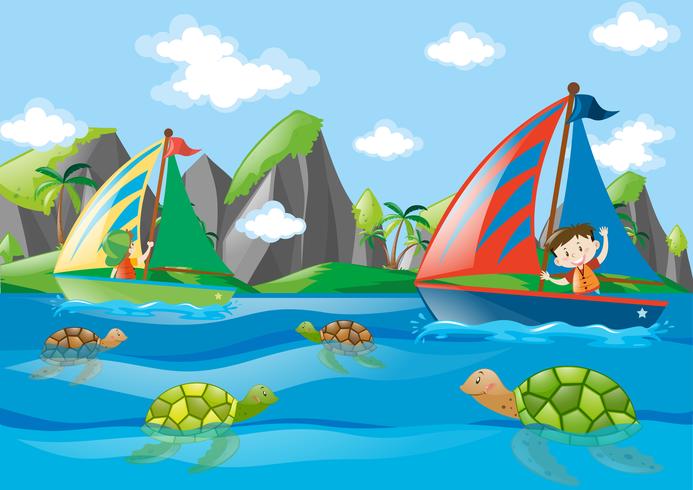 Chicos de vela y tortugas nadando en el mar. vector