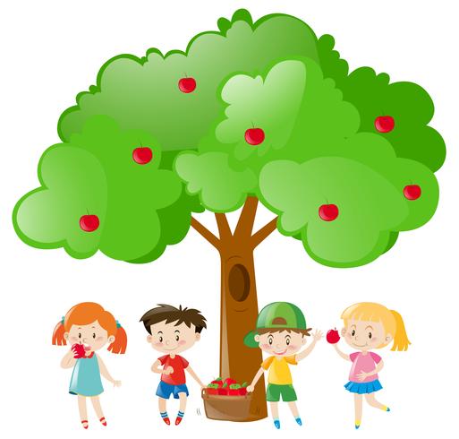 Niños recogiendo manzanas en el árbol. vector