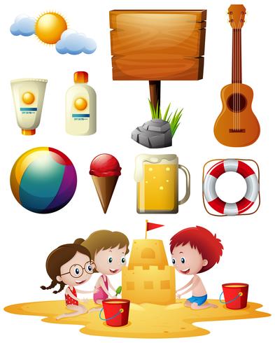 Children playing on beach and other beachware items vector