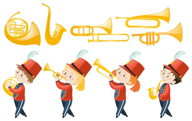 Conjunto de niños tocando instrumentos musicales vector