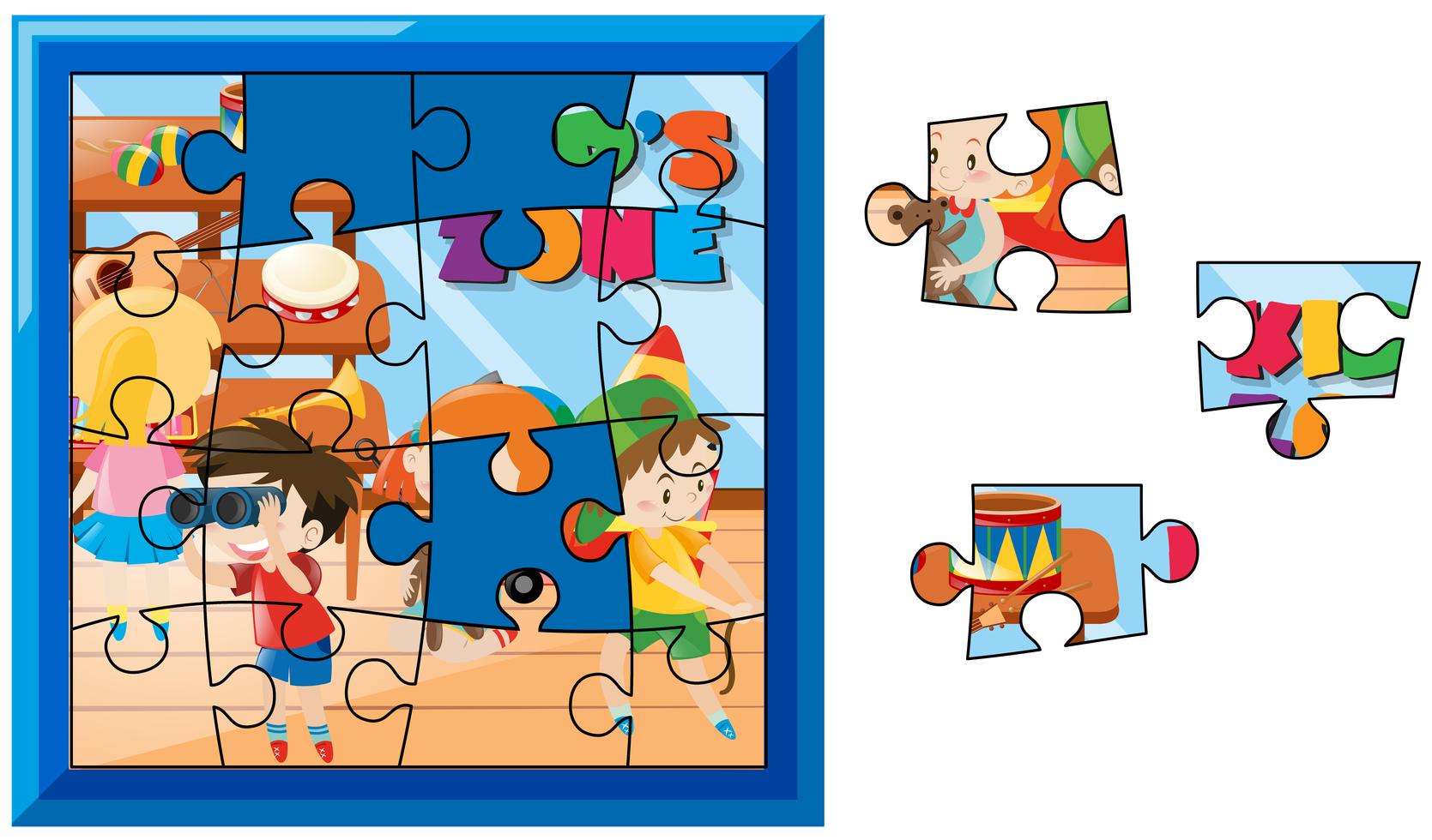 Jigsaw puzzle game with kids playing in the room 370016 Vector Art at