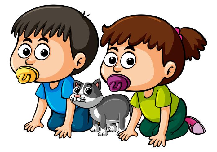 Dos niños pequeños y gatito vector