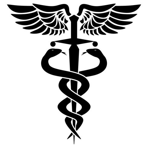 Símbolo médico del caduceo, con dos serpientes, espada y alas, ilustración vectorial vector