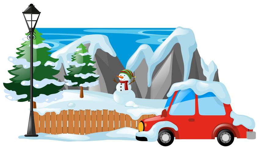 Escena de invierno con muñeco de nieve y coche. vector