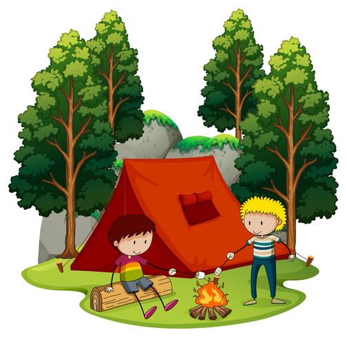 Dos niños acampando en el bosque vector