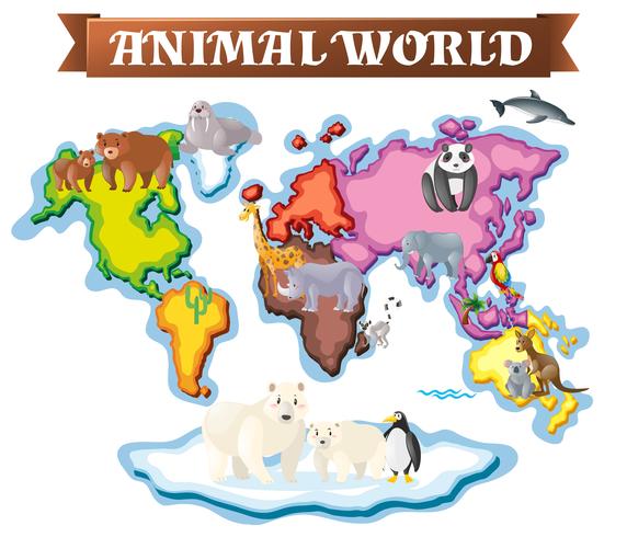 Animales en diferentes partes del mundo en el mapa. vector