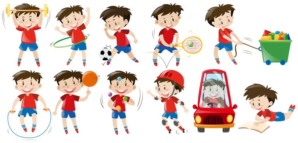 Boy doing different activities vector