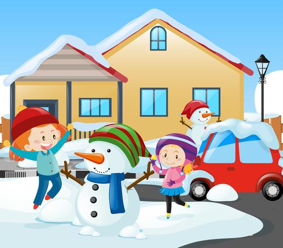 Two girls and snowman in front of the house vector