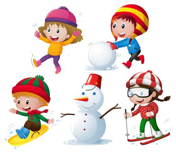 Niños en ropa de invierno jugando a la nieve. vector