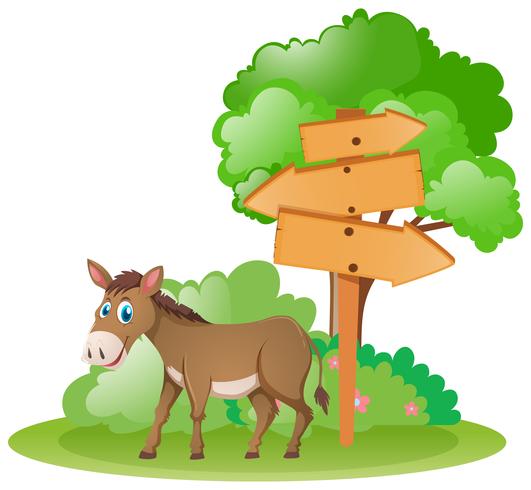 Letreros de madera y burro junto al arbol. vector