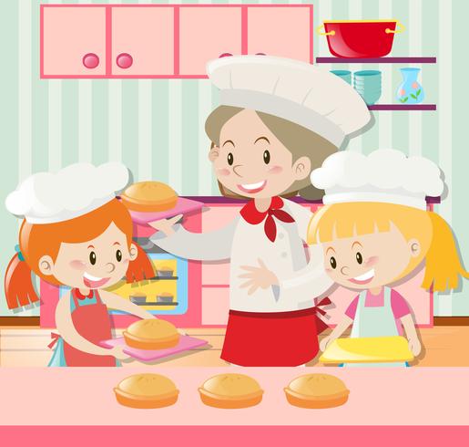 Baker and two girls baking pie vector