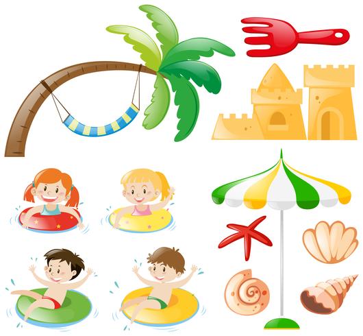 Children swimming and beach objects vector